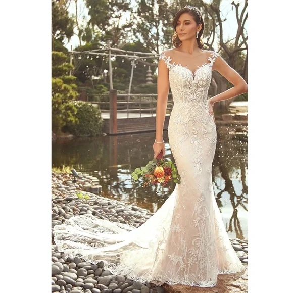 ivory lace fit and flare wedding dress Davinci Bridal 50660 Size 12 Ivory/Blush Fitted Lace wedding dress sheer straps Bridal Gown main image 1